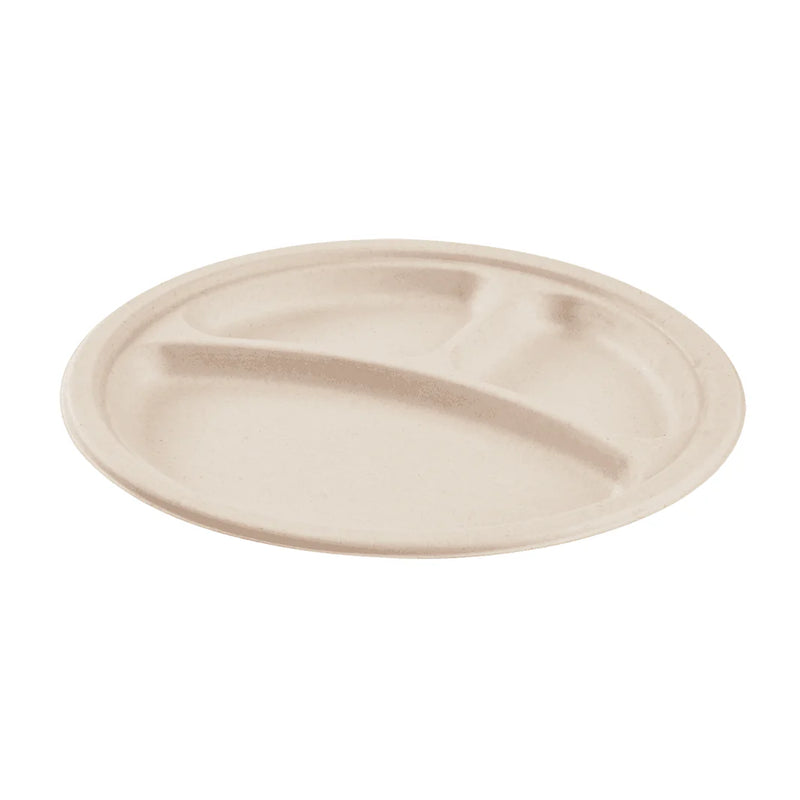 Karat Earth 10" Bagasse Plate, Round, 3-Compartment, Natural, PFAS Free