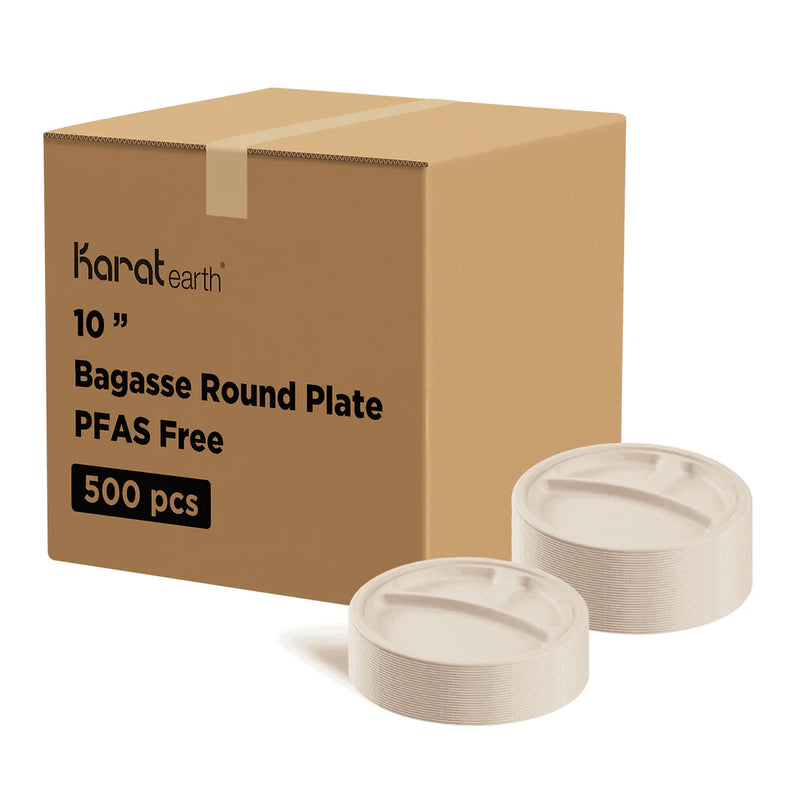 Karat Earth 10" Bagasse Plate, Round, 3-Compartment, Natural, PFAS Free