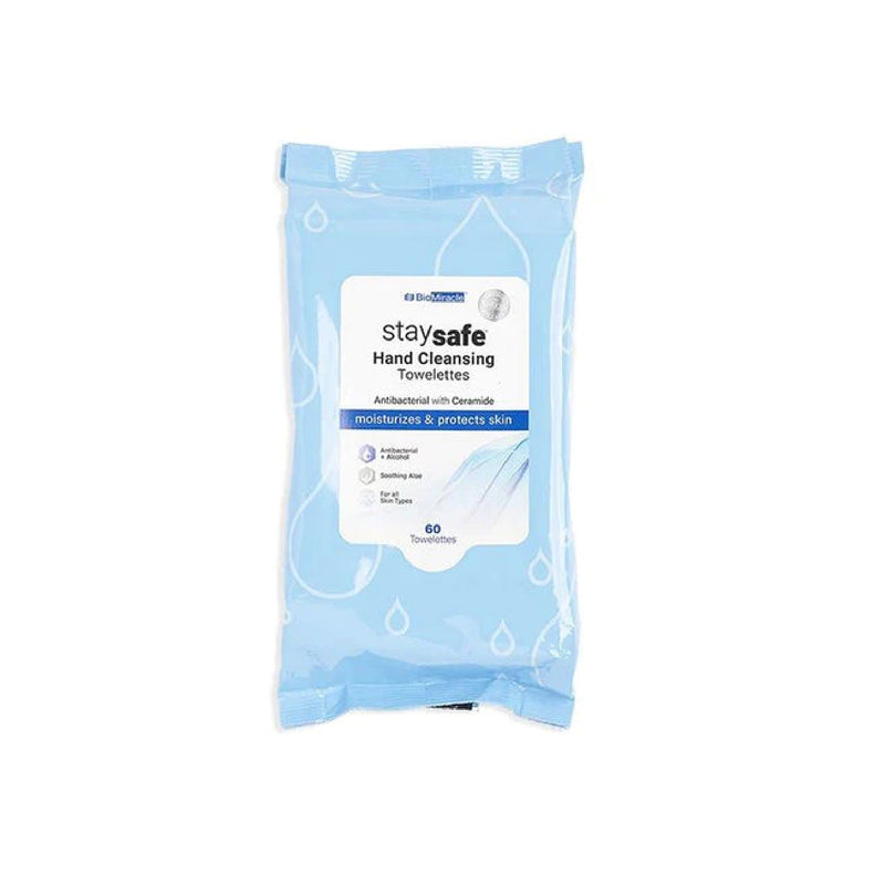 BioMiracle StaySafe Antibacterial Hand Cleansing Towelettes with 62% Alcohol & Aloe - 60ct x 24